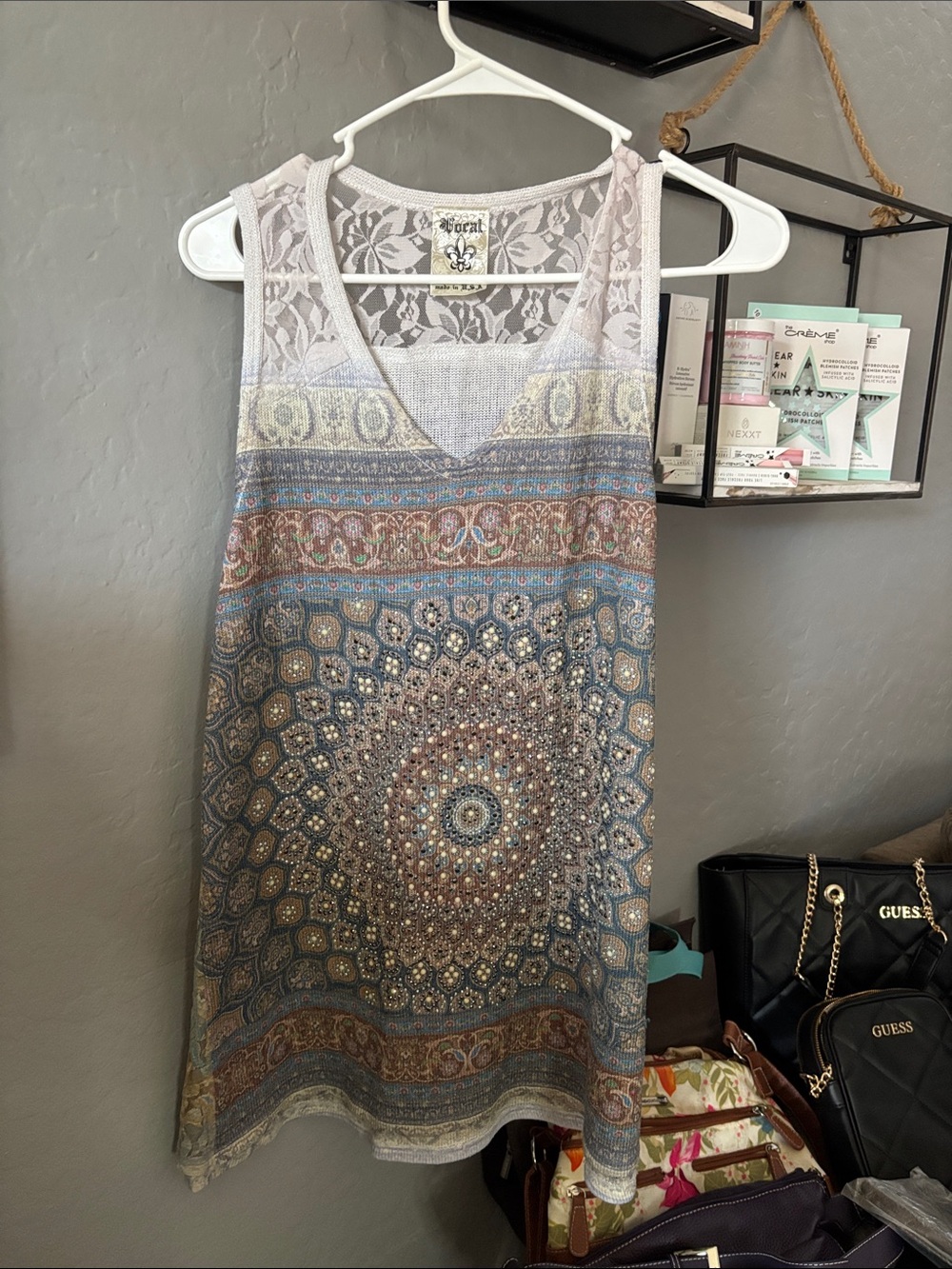 Vocal Women's Sleeveless Midi Dress in Blue and Brown Medallion Print